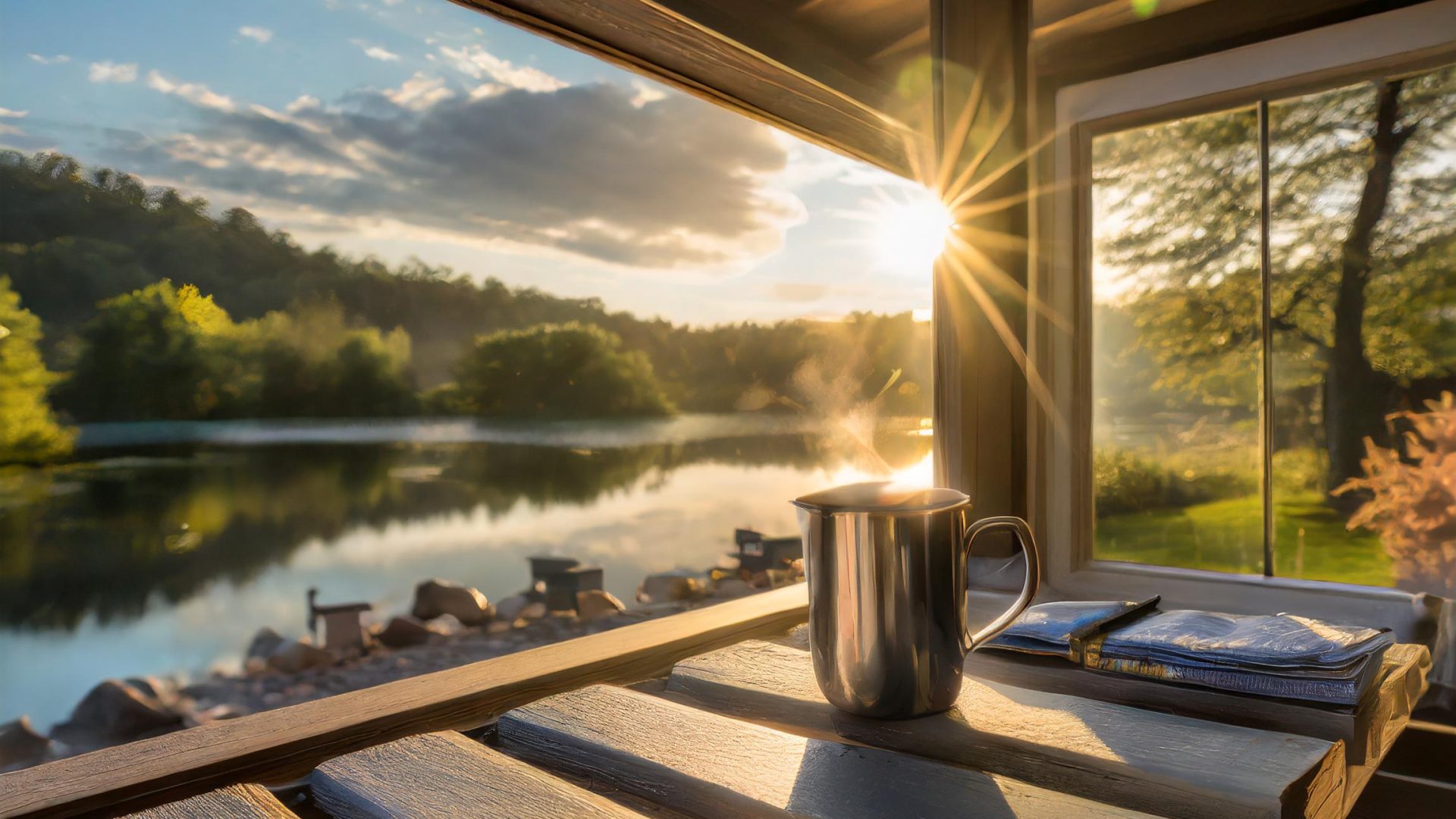 En kaffemugg på ett träbord som står på en uteplats vid en bod bredvid en sjö.